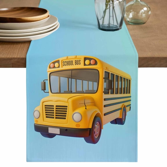 School Bus Table Runner 36 Inches, Cartoon Funny Yellow Transportation Truck Blue Bed Runner Dresser Scarves Tabletop for Indoor Outdoor Parties/Ceremony/Banquet, 13"x 36"
