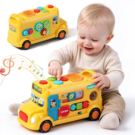 School Bus Toy for 1 Year Old, Musical Busy Board Toy with Lights and Sounds, Interactive Learning Toy for Toddlers 1-3 with Gears and Sliding Beads
