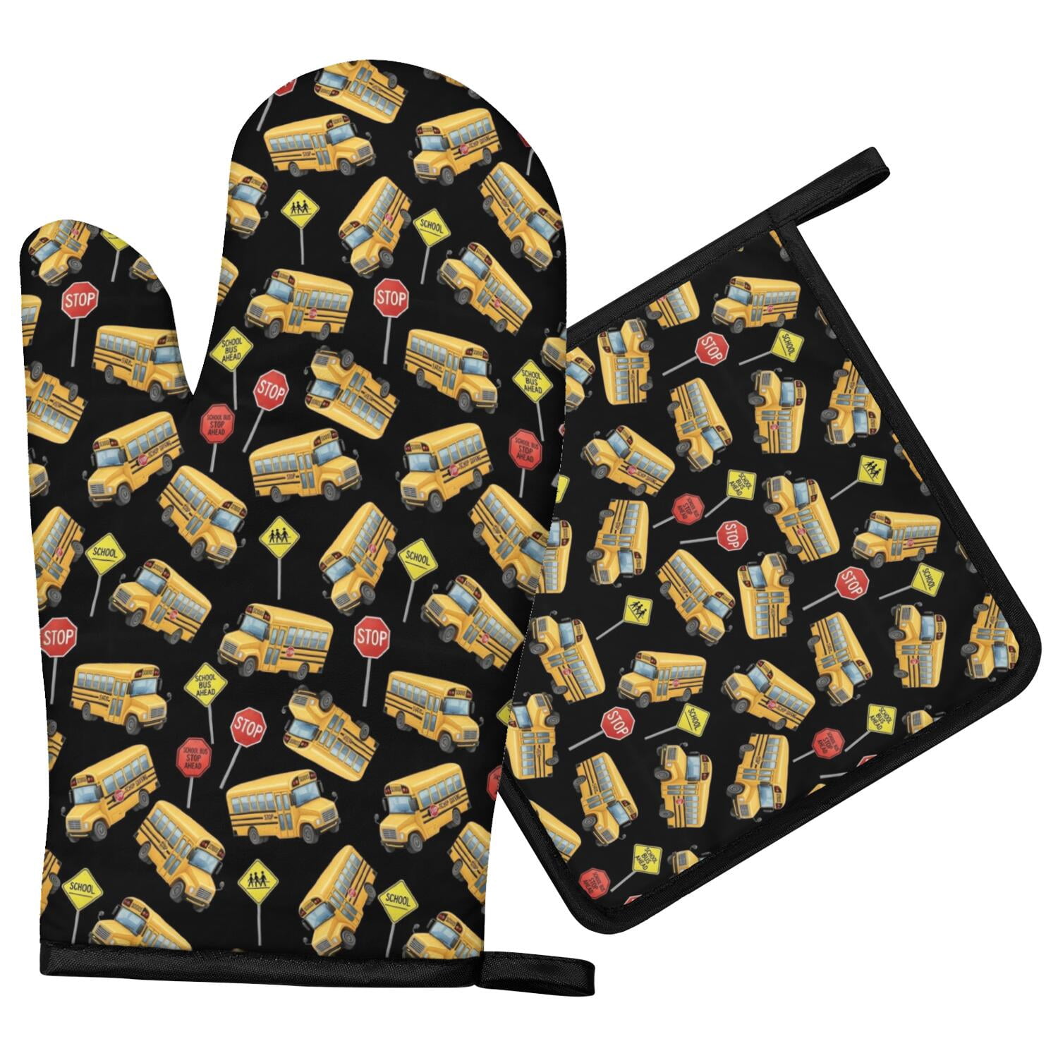 School Bus and Traffic Signs Black Pattern Oven Mitt Pot Holder Set ...