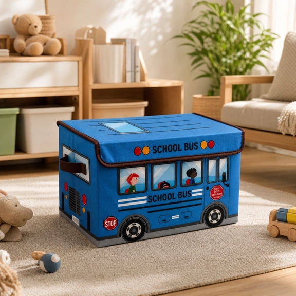 School Bus Treasure Box for Classroom, Foldable Chest Storage Box with Lid, Teachers Students Toy Chest, Kids Prizes Awards for Bedroom Playroom Basket,Blue