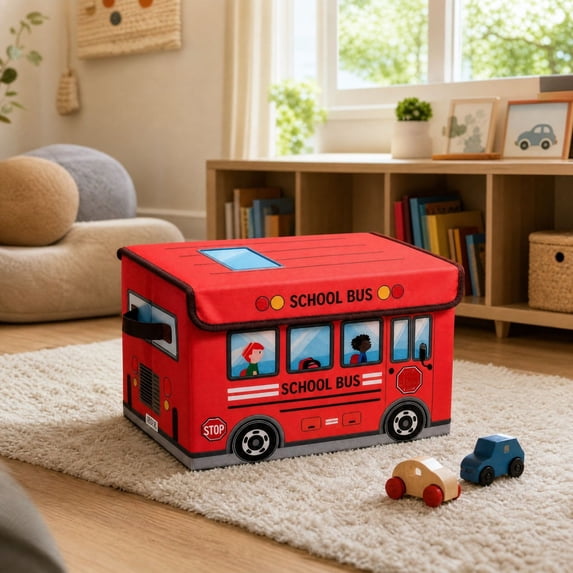 School Bus Treasure Box for Classroom, Foldable Chest Storage Box with Lid, Teachers Students Toy Chest, Kids Prizes Awards for Bedroom Playroom Basket,Red