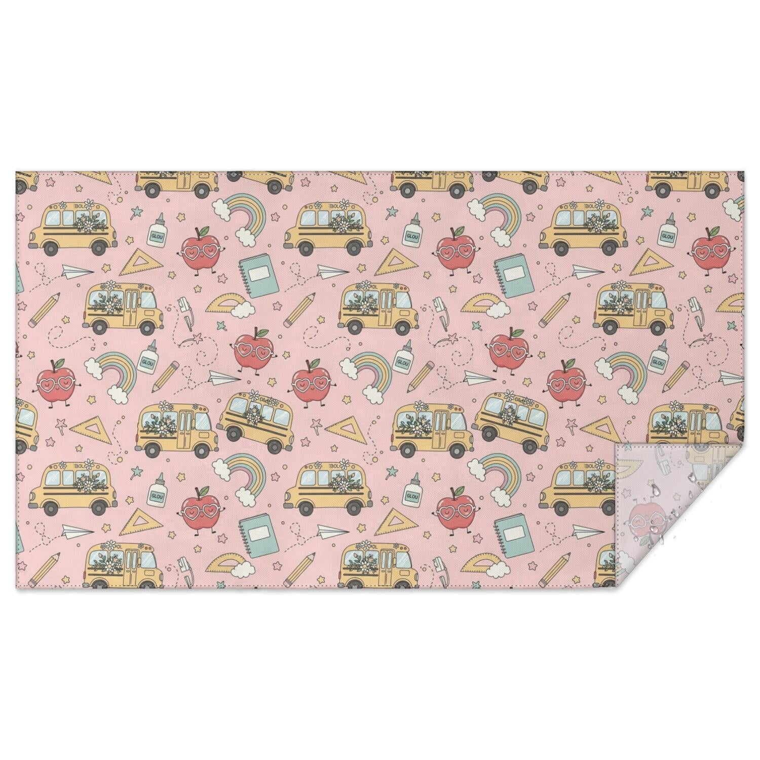 School Bus and Apple Pink Pattern Waterproof Tablecloth, Rectangular ...