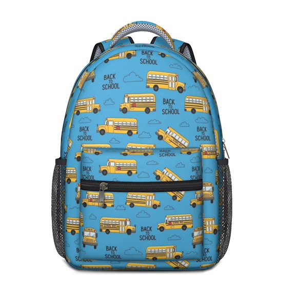 School Bus and Clouds Blue Pattern Backpack for School, Cute School Bag with Adjustable Shoulder Straps and Padded Back, 15.3"x11"x6.7"