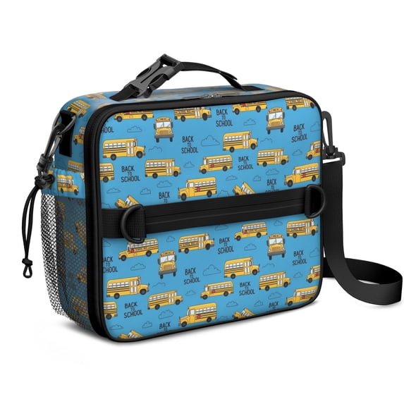 School Bus and Clouds Blue Pattern Insulated Lunch Bag with Shoulder Strap and Bottle Holder,Bento School Lunch Bag Box,11x9.5x3.5 Inches