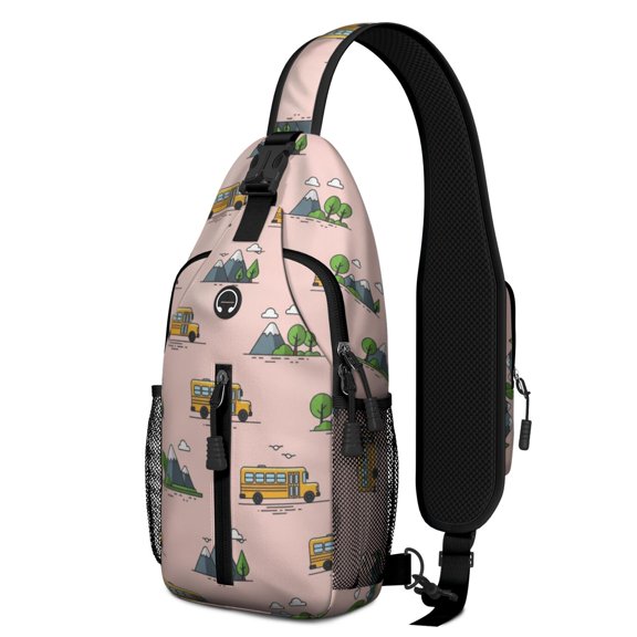 School Bus and Mountains Pink Pattern Sling Backpack, Casual Day Sling Pack with Earphone Port, Adjustable Strap Gift Ideas for Travel Shopping