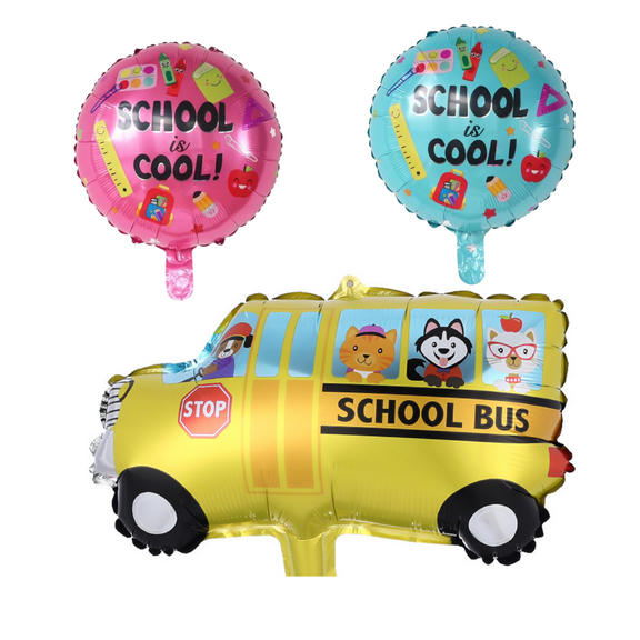 School Bus and School is Cool Balloon Set Pink and Teal Back to School Party Decor