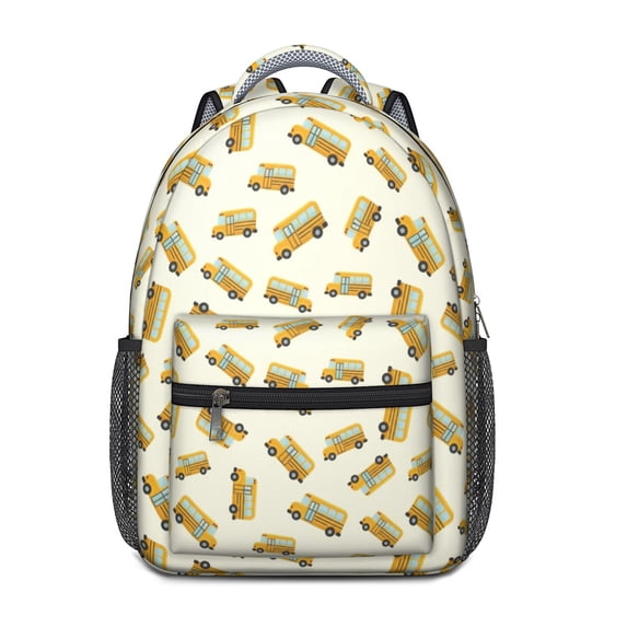 School Bus and Wheels Beige Pattern Backpack for School, Cute School Bag with Adjustable Shoulder Straps and Padded Back, 15.3"x11"x6.7"