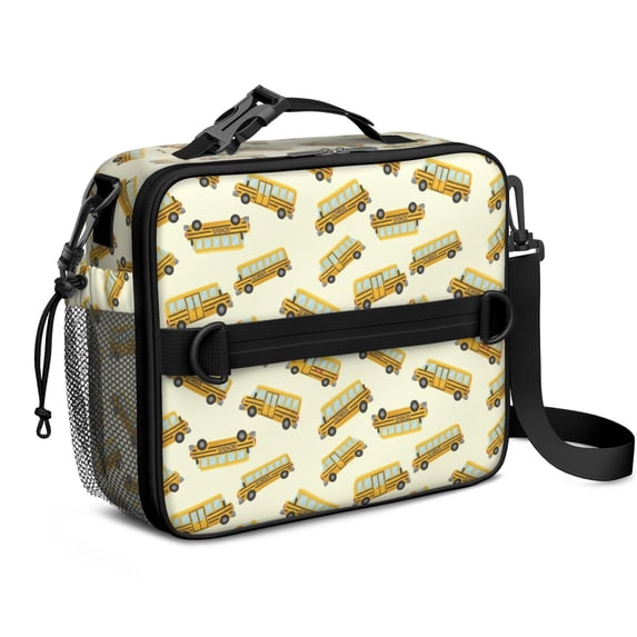 School Bus and Wheels Beige Pattern Insulated Lunch Bag with Shoulder Strap and Bottle Holder,Bento School Lunch Bag Box,11x9.5x3.5 Inches