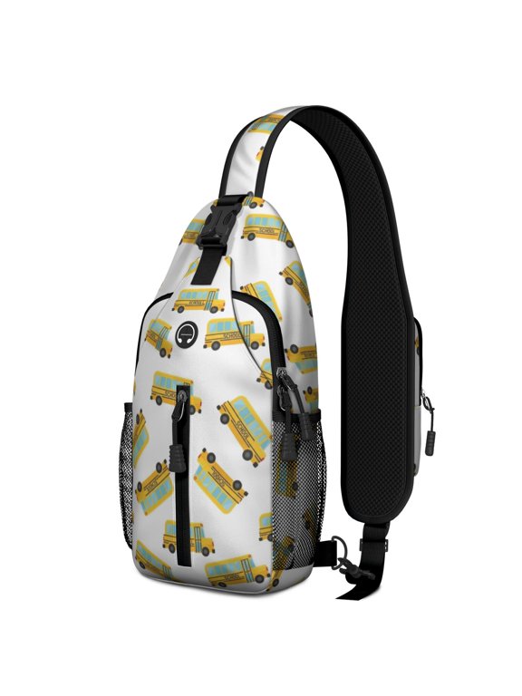School Bus and Wheels White Pattern Sling Backpack, Travel Shoulder Pack with Earphone Port, Breathable Padded Back Gift Ideas for Travel Shopping