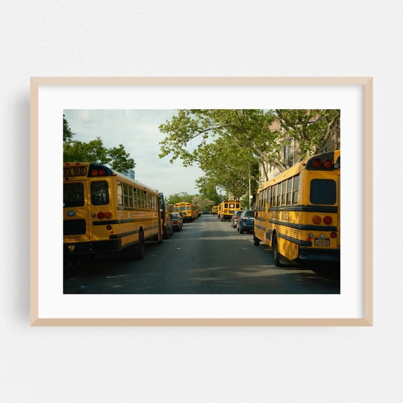 School Busses, South Williamsburg - Brooklyn New York Photography Oak Framed Wall Art Print 12 x 18 inches