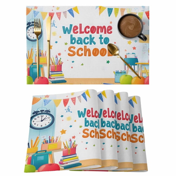 School Celebrations Placemats Set of 2 Modern School Stationery Cheerful Place Mats Indoor Wipeable Table Mats Washable Cloth Dining Table Placemats for Kitchen Holiday Party Home Decor 13x19 Inch
