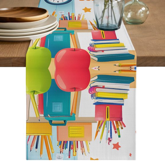 School Celebrations Table Runner 90 Inches Long,Modern School Stationery Cheerful Cotton Linen Table Runners Dresser Scarves,Fabric Tabletop Scarf Furniture Cover for Home Dinner Party 13"x90"