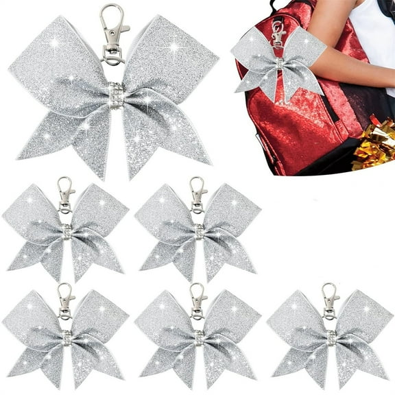School Cheer Bow Keychain,6PCS Reusable Cheer Keychain,Silver Glitter Bow Keychain for Teen Girls Softball Cheerleader Sport