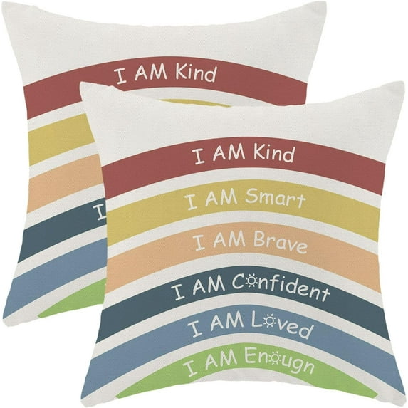 School Classroom Decor Pillow Covers 16 x 16 Inch, Students Playroom Throw Pillows for Couch Sofa Bed, Boho Rainbow Reading Nook Book Decorative Pillowcase Linen Cushion Cover Set of 2