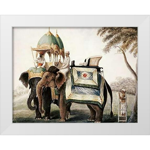 School, Company 24x19 White Modern Wood Framed Museum Art Print Titled - Elephants With Their Mahout