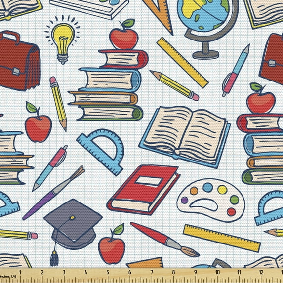 School Fabric by the Yard, Elementary School Theme Student Supplies Globe Paints and Brushes Books Education, Decorative Upholstery Fabric for Chairs & Home Accents, 2 Yards, Multicolor by Ambesonne