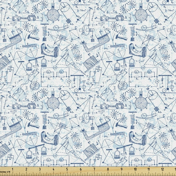 School Fabric by the Yard, Physics Themed Drawing a Pattern of Formulas Related to the Field Doodle Art, Decorative Upholstery Fabric for Sofas and Home Accents, 2 Yards, Blue Pale Blue by Ambesonne