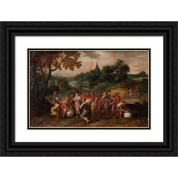 School of Hans Jordaens III 24x17 Black Ornate Framed Double Matted Museum Art Print Titled: Joseph's Brothers on Their Way to Buy Grain in Egypt in a Wooded Landscape (17th Centur