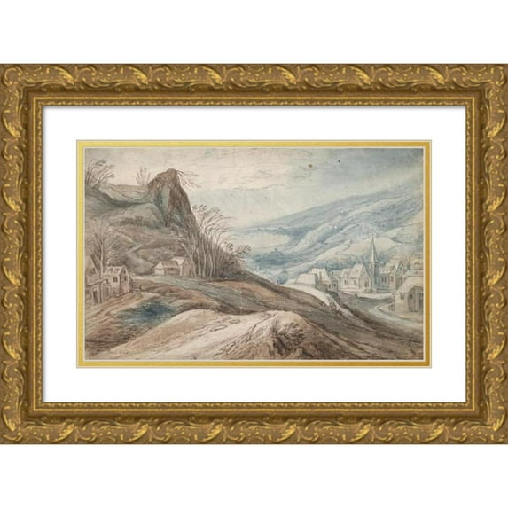 School of Jan Brueghel the Elder 24x17 Gold Ornate Framed and Double Matted Museum Art Print Titled - Mountainous Landscape with Village in Valley and Distant View (17th Century)