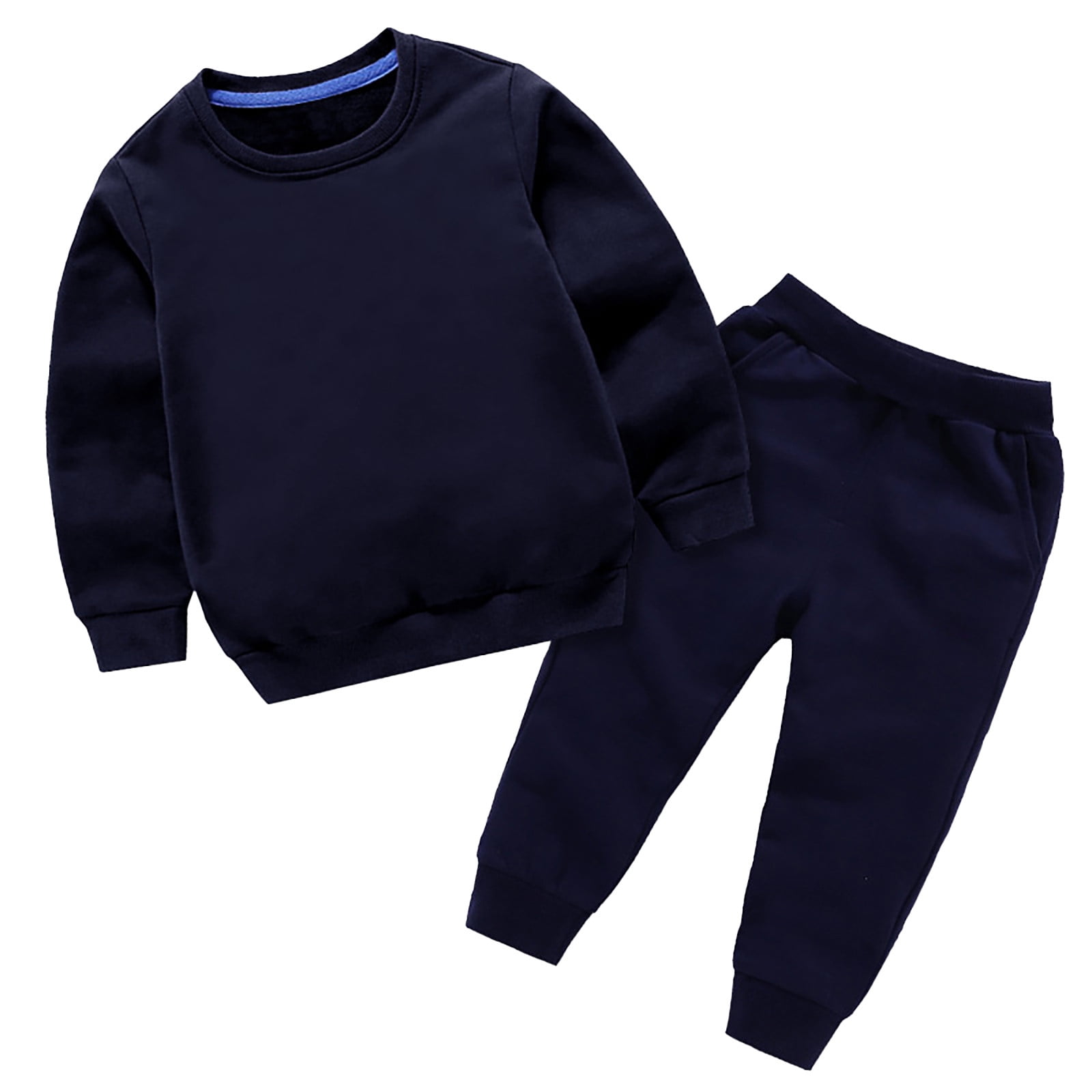 School Kids Clothes,Baby Boy Girl Winter Set Long Sleeve Solid Pullover Sweatshirt Pants Outfit Two Piece Fall Cold Weather Warm Play Wear,Toddler Clothes,Navy,4-5 Years