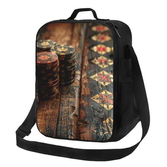 School Lunch Box for Boys Girls, Vintage Poker Chips Reusable Insulated Lunch Bag with Adjustable Shoulder Strap for Office Work School Hiking Picnic 10.5x8x4.5 in