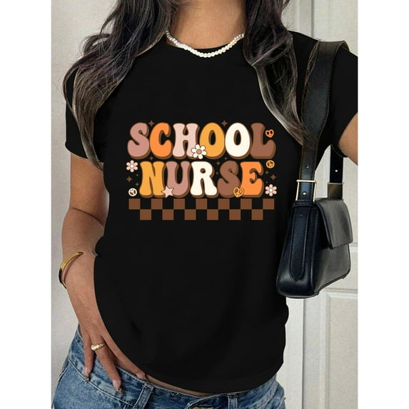 School Nurse Graphic Cotton Tee T Shirt Top Playful Career Typography Design Short Sleeve Crew Neck Black S-5XL