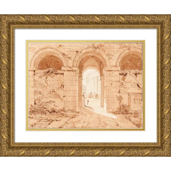 School Of Hubert Robert 18x14 Gold Ornate Wood Frame and Double Matted Museum Art Print Titled - Roman Ruins with Figures