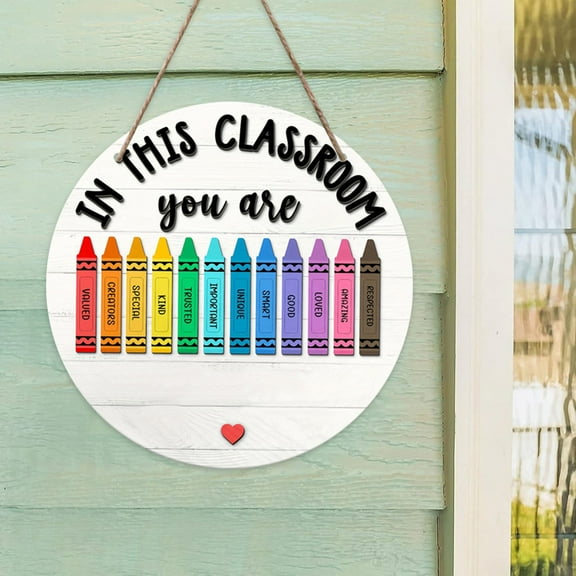 School Opening Season Wooden Classroom Sign, Front Door Hanging Decoration, Chalkboard Style Crayon Design, "You Are In This Classroom" Lettering, Customizable Teacher Name, Easy to Hang
