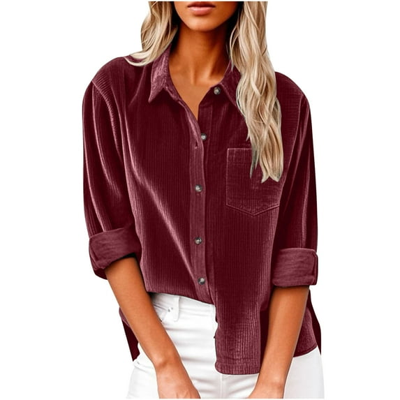 Womens Long Sleeve Tops Casual Women's Shirts Plus Size Long Womens Corduroy Button Down Shirt V Neck Long Sleeve Blouses Spring Shirt With Pocket My Items