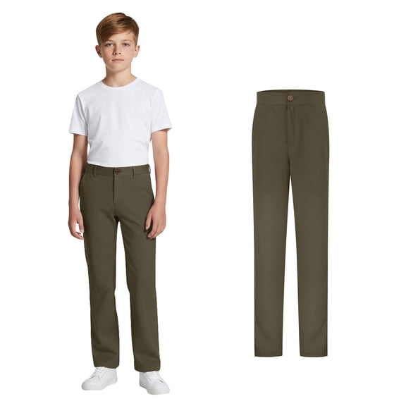 School Pants for Boys Straight Pants with Pockets Pull On Chino Pants Stretch Pants Army Green School Pants for Boys Back To School Outfits Teen Boys Pants Size 11-12 Years