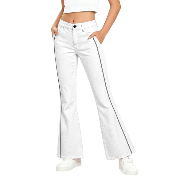 School Pants for Girls 5T Flare Dress Pants Retro Striped Flare Pants, Double Stripe on Waist & Hem High Waist Stretch Bell Bottom Casual Bootcut Trousers Back To School Clothes White