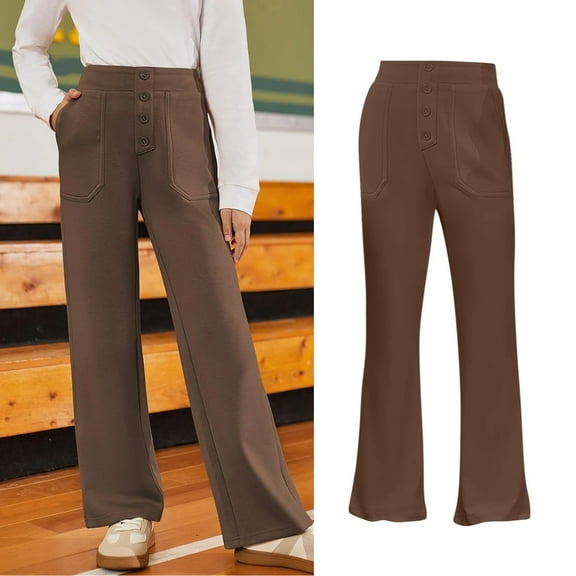 School Pants for Girls Skinny Fit Kids Dress Pants with Pockets Straight Pants Girls Brown Uniform Pants Back to School Outfits for Girls Kid Preppy Clothes 9-10 Years