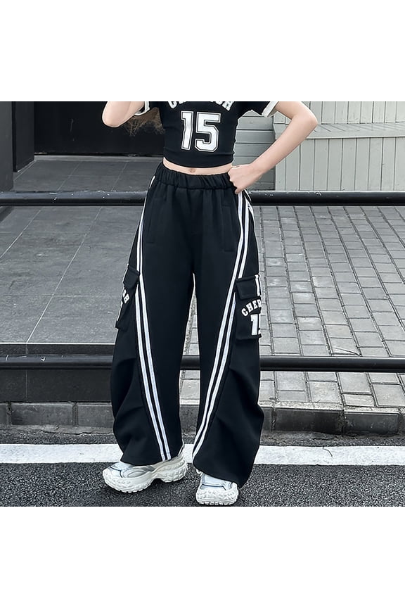 School Pants for Girls Jazz Street Dance Cargo Denim Overalls Teen Baggy Wide Leg Jumpsuit with Waist Belt Drawstring Hem Black Pants Size 4-5 Y