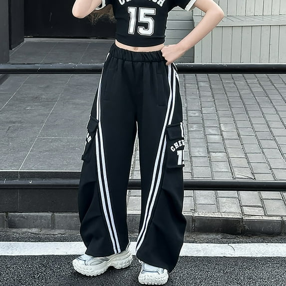 School Pants for Girls Jazz Street Dance Cargo Denim Overalls Baggy Wide Leg Jumpsuit with Waist Belt Drawstring Hem Black Pants Size 6-7 Y