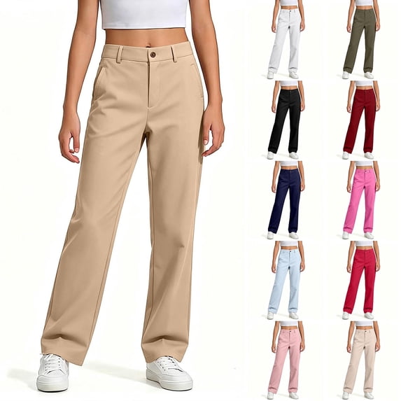 School Pants for Girls, Girls School Uniform Suit Pants Flat Front Pull-On Dress Pants with Pocket Solid Color Stretch Straight Pants
