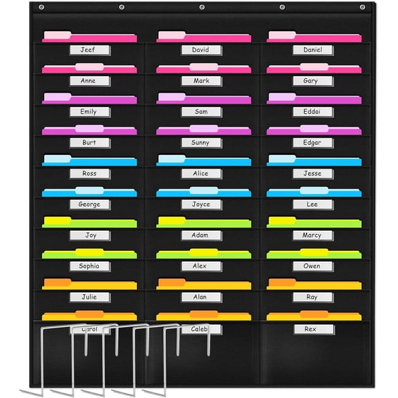 School Pocket Chart, 30 Signatory Pocket, Heavy Duty Hanging File Folders Pocket Chart Cascading Organizer & 5 Hangers Hooks, Perfect for Classroom, School, Office or Home Use