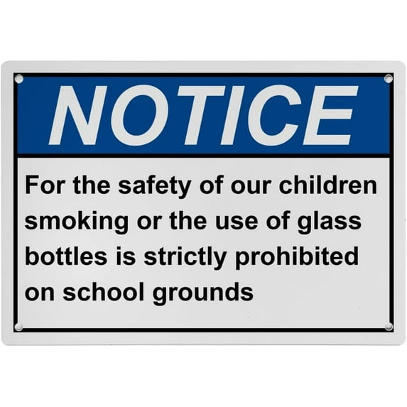 School Safety Sign 8"x12" - No Smoking/Glass On Grounds, UV Resistant Plastic - Indoor Outdoor College Campus Warning Sign