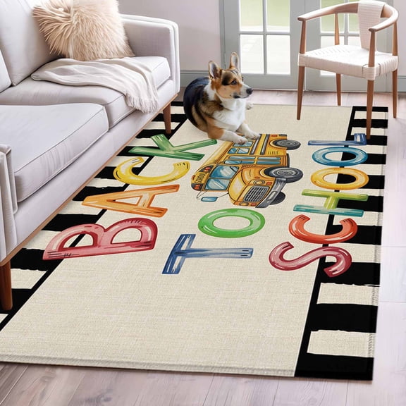 School Season 2.7'x5' Rug for Office Desk Chair Area Small Bedroom, Watercolor Back To School Yellow Bus Black White Stripe Linen Washable Non Slip Rectangle Area Rug
