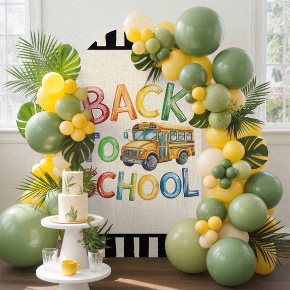 School Season Arch Backdrop Cover, 4FT, Watercolor Back To School Yellow Bus Black White Stripe Linen Spandex Arch Covers Double-Sided Backdrop for Wedding Birthday Party Photo Background Decoration