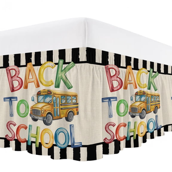 School Season Bed Skirt Queen Size 16 Inch Drop, Watercolor Back To School Yellow Bus Black White Stripe Linen Wrap Around Dust Ruffle Bedskirt with Adjustable Elastic Belt for Queen Size Beds