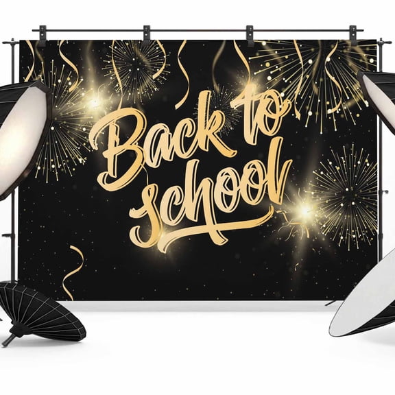 School Season Black Firework Photography Backdrop 7x5FT, Modern Back To School Gold Ribbon Balloon Photo Backdrops, Background for Photography Studio Photo Studio Background, Back Drop for Photoshoot