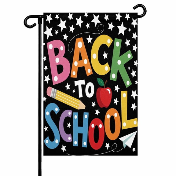 School Season Black Garden Flag 12x18 Inch Cartoon Style Colorful Back To School Star Pencil Food Double Sided Small Decorative Garden Flags for Outside, Outdoor Yard Porch Lawn Decoration