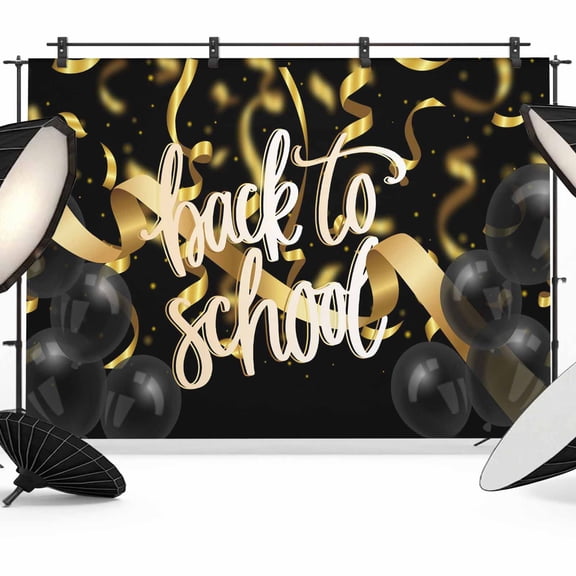 School Season Black Photography Backdrop 7x5FT, Modern Back To School Gold Ribbon Balloon Dot Photo Backdrops, Background for Photography Studio Photo Studio Background, Back Drop for Photoshoot