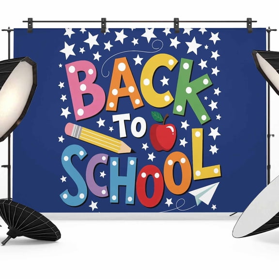 School Season Blue Photography Backdrop 7x5FT, Cartoon Style Colorful Back To School Star Pencil Food Photo Backdrops, Background for Photography Studio, Back Drop for Photoshoot