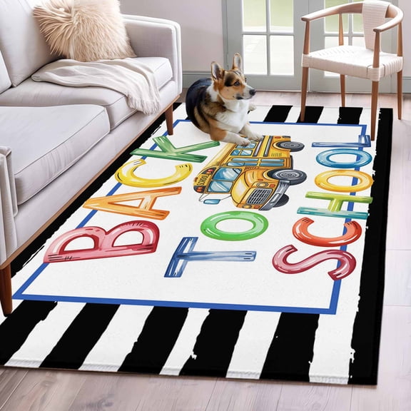 School Season Bus 2.7'x5' Rug for Office Desk Chair Area Small Bedroom, Watercolor Back To School Yellow Bus Black White Stripe Washable Non Slip Rectangle Area Rug
