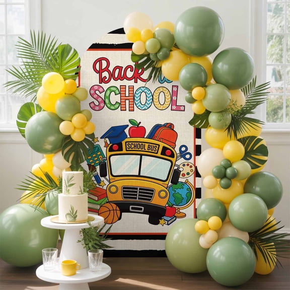 School Season Bus Arch Backdrop Cover, 4FT, Cartoon Style Yellow Bus Basketball Book Black White Stripe Spandex Arch Covers Backdrop for Wedding Birthday Party Photo Background Decoration