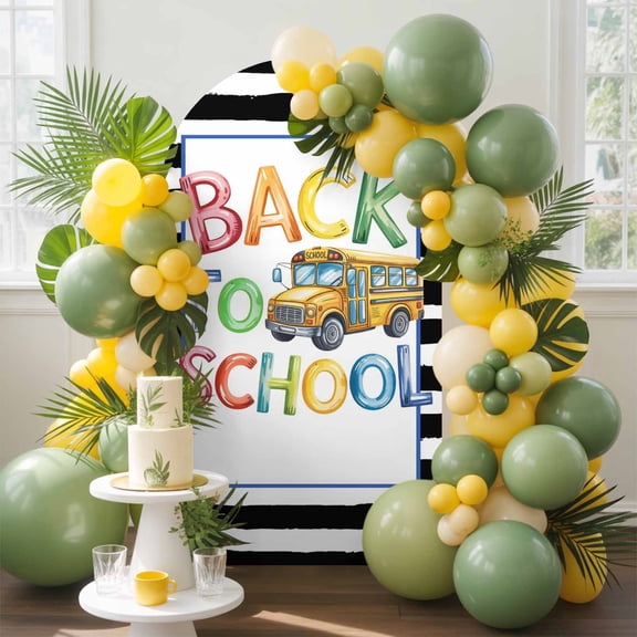 School Season Bus Arch Backdrop Cover 6 FT, Watercolor Back To School Yellow Bus Black White Stripe Wedding Arch Cover Stretchy Backdrop Stands Covers for Birthday Party Ceremony Banquet Decor