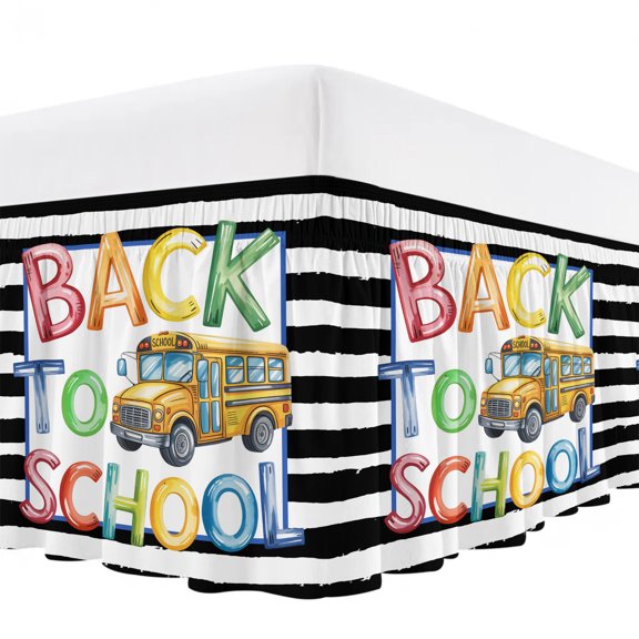 School Season Bus Bed Skirt Queen Size 16 Inch Drop, Watercolor Back To School Yellow Bus Black White Stripe Wrap Around Dust Ruffle Bedskirt with Adjustable Elastic Belt for Queen Size Beds