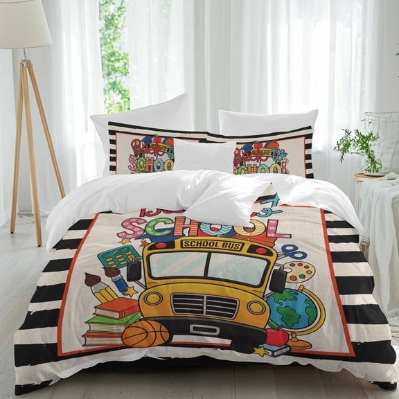 School Season Bus Comforter Set Queen Size, Cartoon Style Yellow Bus Basketball Book Black White Stripe Soft Bedding Set for Man Woman, 4 Pieces Duvet Cover Set with Fitted Sheet, 2 Pillowcases