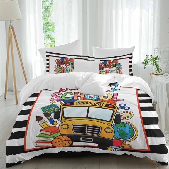 School Season Bus Comforter Set Twin Size, Cartoon Style Yellow Bus Book Basketball Black White Stripe Soft Bedding Set for Man Woman, 4 Pieces Duvet Cover Set with Fitted Sheet, 2 Pillowcases